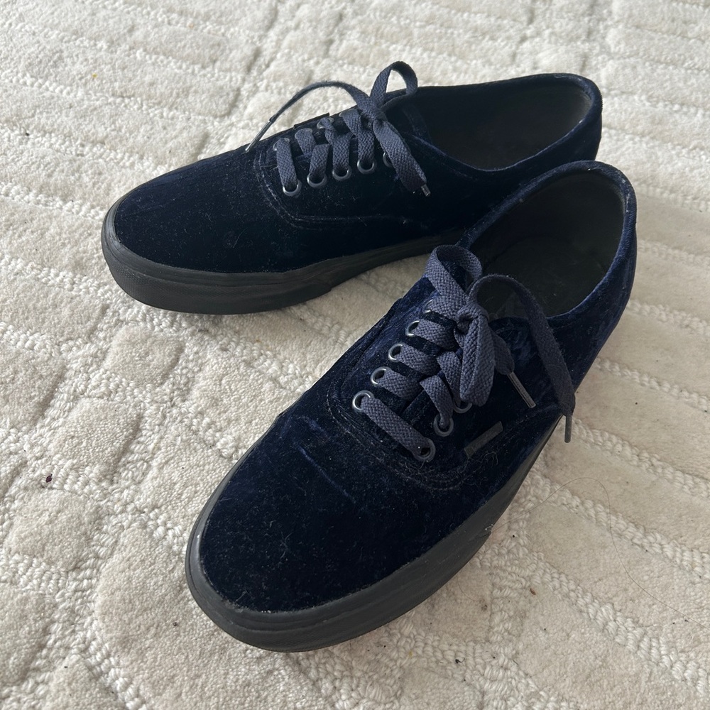 Vans Dark Blue Velvet Authentic Sneakers with black soles